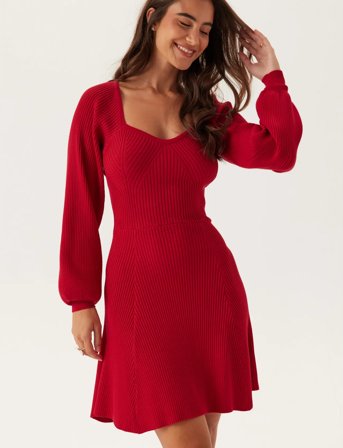 Bubbleroom Knitted Short Skater Dress - Red - M