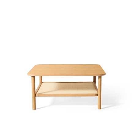 Loom Couchtisch, 90x90x42cm, Natur Eiche, skandinavischer Stil, quadratisch mit praktischer Rattan-Ablagefläche, lackiert, modernes Design.