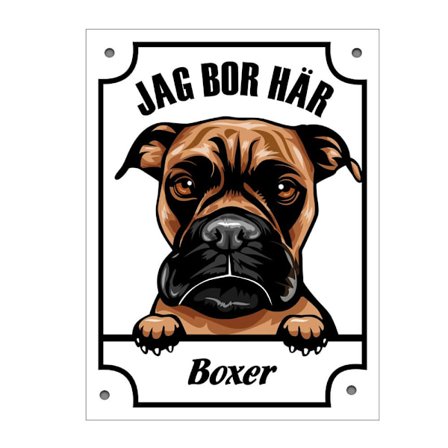 Plåtskylt Jag bo här Boxer Kikande hund skylt