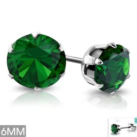 Stiftörhängen Stud Örhängen i Kirurgiskt Stål 316L i Silver Färg med Rund Grön Cubic Zircon Kristall – 6 mm Silver