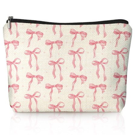 Sød pink makeup taske med sløjfe, yndig bogorm sløjfe dekoration, julegave til kvinder og piger - Pink kosmetiktaske med lynlås