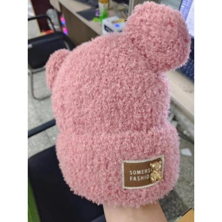 Søt strikket lue med plysjbjørneører, varm strikket vinterlue for kvinner, skull cap.