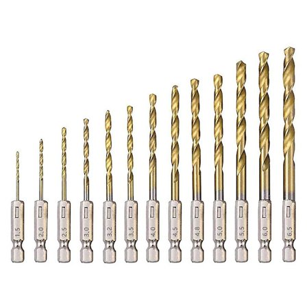 HSS-kierreporanteräsarja 13 kpl, nopea teräs, kuusikulmaiset poranterät titaanipinnoitteella 1,5 mm - 6,5 mm puun/metallin/muovin poraamiseen