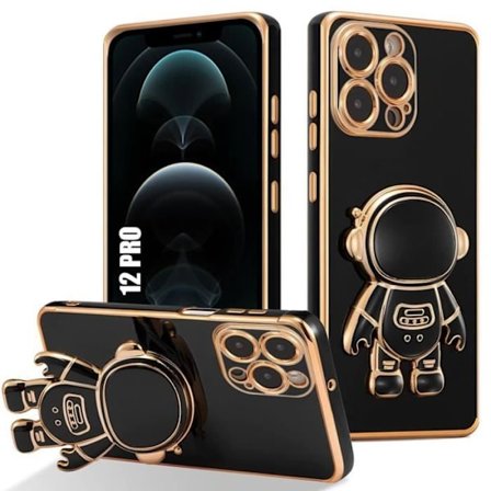 Beskyttelsesskal - E.F.CONNECTION - til iPhone 12 Pro - Silikone - Sort - 3D Astronaut Støtte