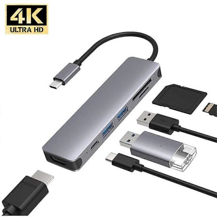 6-i-1 USB-C-hub för Pro Typ C-adapter Multiport kortläsare 4K