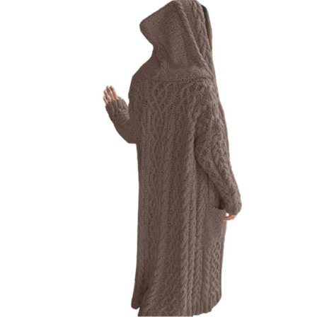 Uformell Strikket Langt Yttertøy Med Hette Og Sidelomme Dame Høst Vinter Kåpe