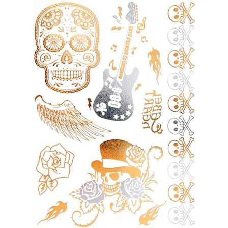 Temporära Metallic Tatueringar / Fake Tattoo Sticker / Smyckestatuering - Rock, Döskalle & Gitarr