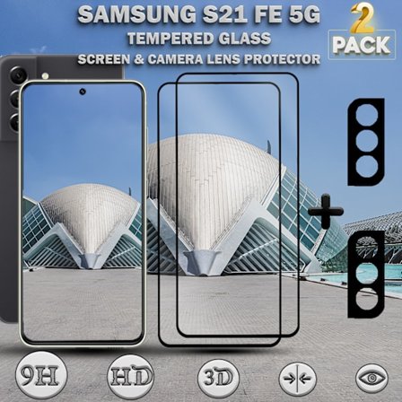 2-Pack SAMSUNG S21 FE Skærmbeskyttelse & 2-Pack linsebeskyttelse - Hærdet Glas 9H - Super kvalitet 3D