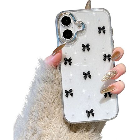 [PLEE] Deksel for iPhone 16, Bling Glitter 3D Rosett Telefondeksel Søtt Glitrende Krystallklart Rosett Slim Mykt Slitesterkt Beskyttende Deksel Svart
