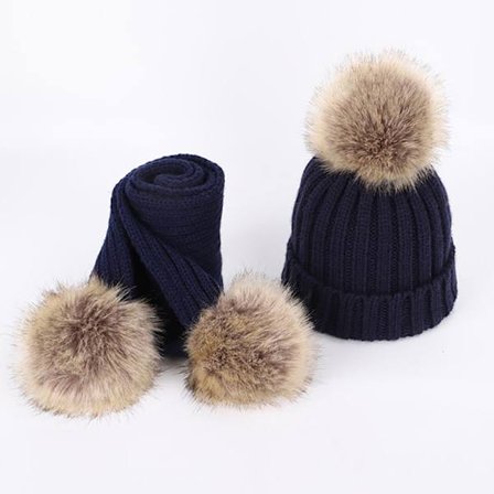 Hætte og Halstørklæde Sæt til Børn, Vinter Strikket Beanie Hat og Langt Halstørklæde Sæt med Kunstig Pels Pom Poms - marineblå
