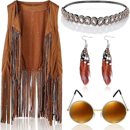 Hippie Kostymesett, 60-talls 70-talls Hippie Kostyme Tilbehørsett for Kvinner, Inkluderer Duskvest & Boho Hodebånd & Dusk Øredobber & Solbriller, 