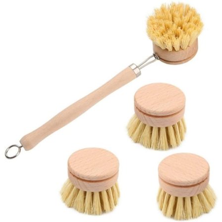 Opvaskebørste til køkkenet, langskaftet opvaskebørste, rengøringsbørster i træ med 3 udskiftningshoveder - 1 sæt