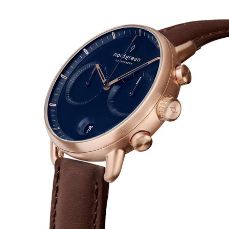 Nordgreen Men's Minimalistist Large Wrist Watch Watch - Rose Gold Case - Navy Dial - Dark Brown Leather Watch Strap Pioneer White Dial Chronograph