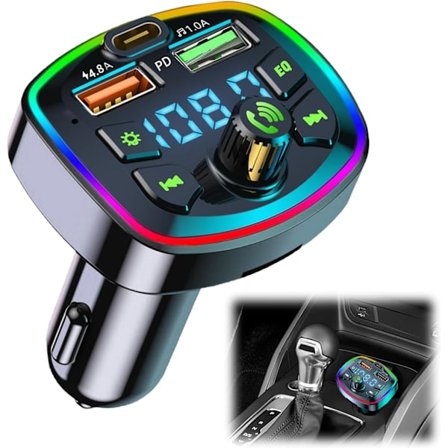 Bluetooth-auton FM-lähetin Bluetooth 5.0 Autotarvikkeet, Handsfree-autopuhelin, Bluetooth-automusiikkisovitin, 2 USB + Type C [4.8A + 18W PD]