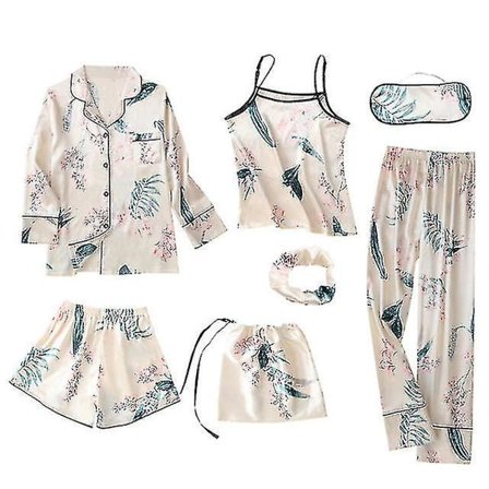 Sommermote 7-delt pysjamassett for kvinner, kunstig kjølig, myk og komfortabel pysjamas (plante)