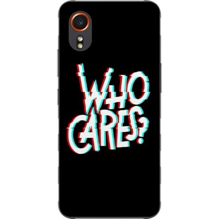 Yhteensopiva Puhelinkuori Samsung Galaxy Xcover7 Glitch typografia, jossa teksti "who cares" on punaisella ja syaanilla mustalla minimalistisella tau