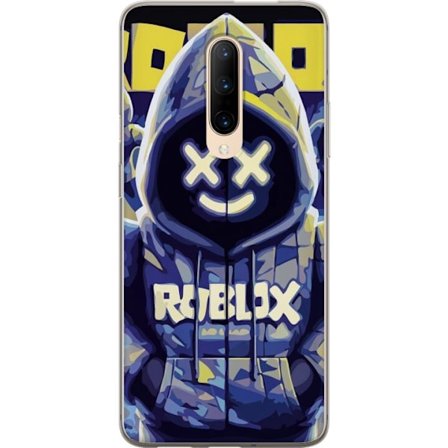 Kompatibelt Mobildeksel til OnePlus OnePlus 7 Pro Blågul Roblox hettegenserfigur med minimalistisk neonstil og masket ansikt, moderne spillillustrasj