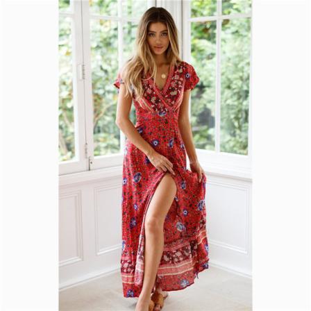 Vintage Chic Vestidos Kvinnor Print Bat Sleeve Beach Long