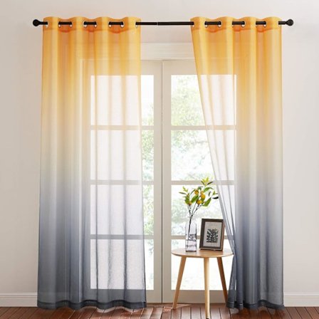 Olohuoneen verhot - Pellavainen läpikuultava verho purjerenkailla ja värinvaihtavalla ikkunakoristeella, valoa suodattava, L150 x K250cm, keltainen/