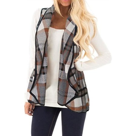 Kvinnor Väst Lapel Öppen Fram Buffalo Pläd Ärmlös Cardigan Jacka Kappa med