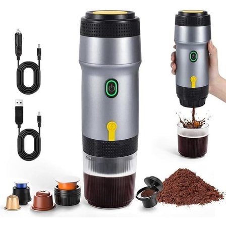 3-i-1 Bærbar Kaffemaskine til Bil med Selvopvarmning – USB-Opladning, Til Kapselkaffe, Perfekt til Rejser & Camping