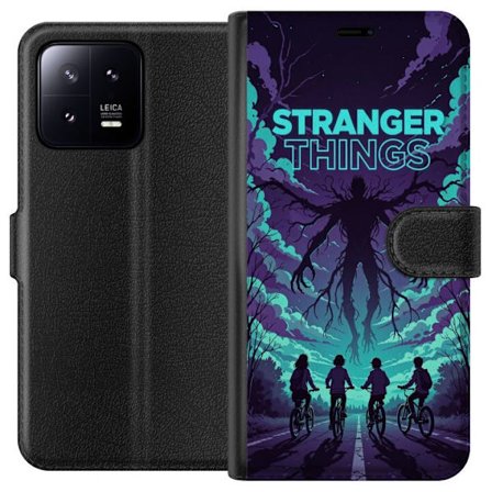 Yhteensopiva Lompakkokotelo Xiaomi Xiaomi 13 Stranger Things -inspiroitunut fantasiaillustraatio, jossa on tumma hirviö, pyöräilevät lapset ja dra