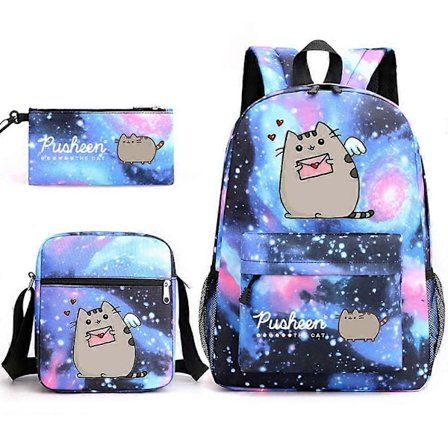 Pusheen Tyk Kat Tre-delt Skoletaske Casual Drenge Og Piger Studenter Rygsæk Print Stor Kapacitet Udendørs Rygsæk (Pink)