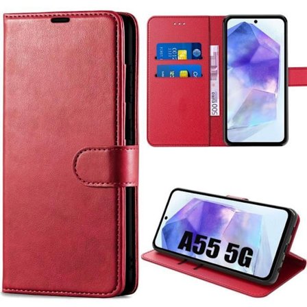 Coque - Booling - til Samsung Galaxy A55 5G - Rød - Lædereffekt - Stødabsorberende med Støtte