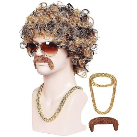 3-delad kedja, mustasch och kort lockig peruk för 70-talsdiscofest, brun med blond(3 delar set)