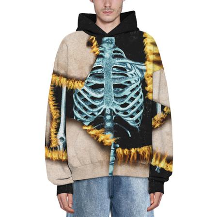 Damer Skull Print Pullover Color Block Hooded Tops