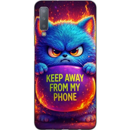 Kompatibelt Mobildeksel til Samsung Samsung Galaxy A7 (2018) Sinna lodne blå katt med teksten "Hold deg unna telefonen min" i neonfarger og ildlignen