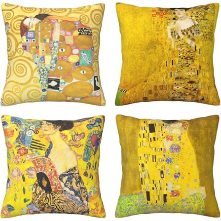 Set med 4 gula örngott med Gustav Klimts målning "Kyssen", dekorativa fyrkantiga kuddöverdrag för soffa eller säng, HHL0L08 (FMY)