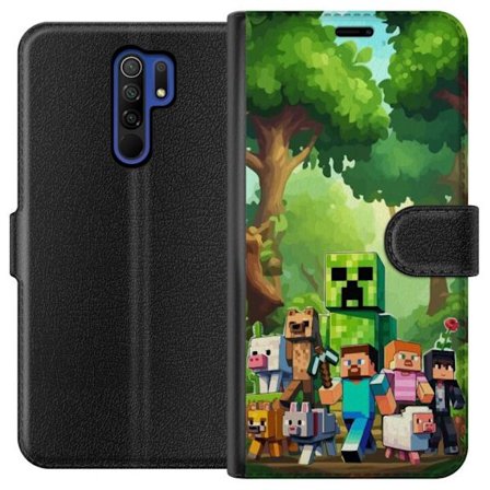 Yhteensopiva Lompakkokotelo Xiaomi Redmi 9 Jämäkkä pikselöity pelimaailma, jossa vihreät hahmot ja eläimet rehevässä metsäympäristössä