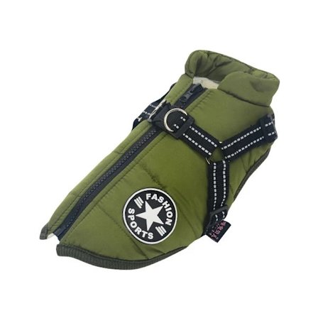 Varm Vanntett Jakke med Sele for Hund Vinter Komfortable Bomullsklær Vattert Vest for Små og Mellomstore Hunder Militærgrønn Army Green-FF- Army Green