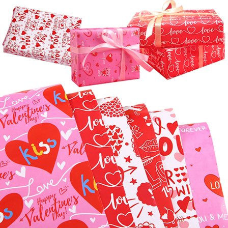 Klistermærker med gavemærker og silkepapir i bulk til Valentinsdagsgaver - 6 ark 50×70 cm rødt kunstpapir foldet for nem opbevaring