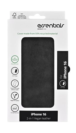 Essentials iPhone 16 PU wallet, detach, recycled, 3 cards, black
