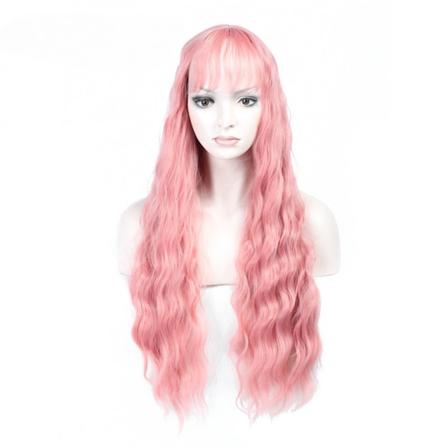 Rosa peruk för kvinnor Långt fluffigt lockigt vågigt hår Peruker för flickor Värmevänliga syntetiska cosplay festperuker