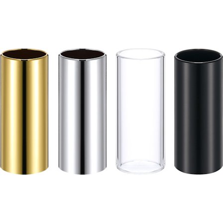 4 stk. glass- og messing-slides i eske for gitar, bass (6 cm)