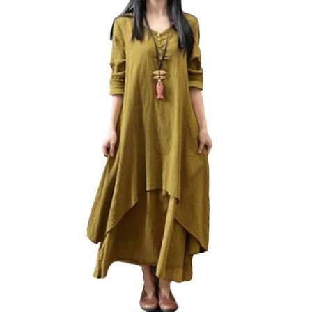 Dam Casual Boho Långärmad Bomull Linne Maxiklänning Sommarklänning V-ringad xxxl gul