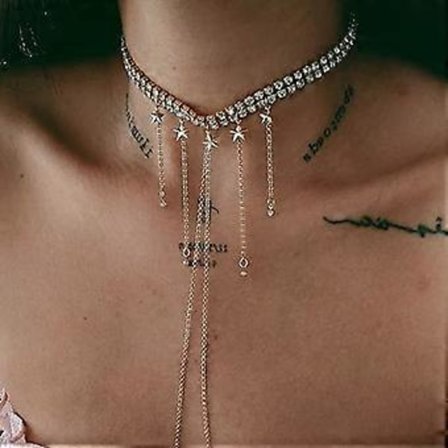 Rhinestone Body Chain Guld Stjerne Halskæde Krystal Kvast BH Bikini Kæde Rave Party Kropssmykker til Kvinder og Piger