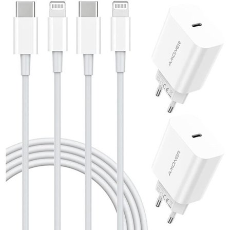 USB-C-laddare 20W - 123 - 4 Pack - 2 iPhone-kablar 1m - Snabbladdning - Kompatibel med iOS