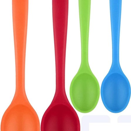 Sæt med 4 små flerfarvede non-stick silikoneskeer til blanding, bagning,