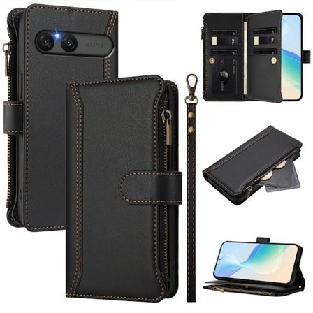 For Sony Xperia 10 VII Case with 9 Card Slots, Zipper Wallet, Stand, and Wrist Strap - Black