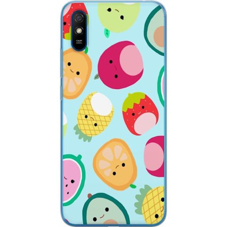 Kompatibel Mobilcover til Xiaomi Redmi 9A Mønster af kawaii frugter som jordbær citron ananas og avocado på lyseblå baggrund