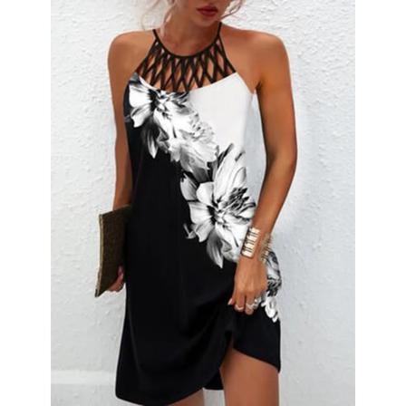 Kvinnor Sommar Etnisk Utskrift Mesh Bälte Ärmlös Casual Dress