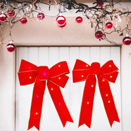 2 st Jul LED Lysande Rosett, Jul Sammet Imitation Linnekant Rosett, Jul Hemdekoration Ornament, Varmt Ljus + Färgglada Ljus