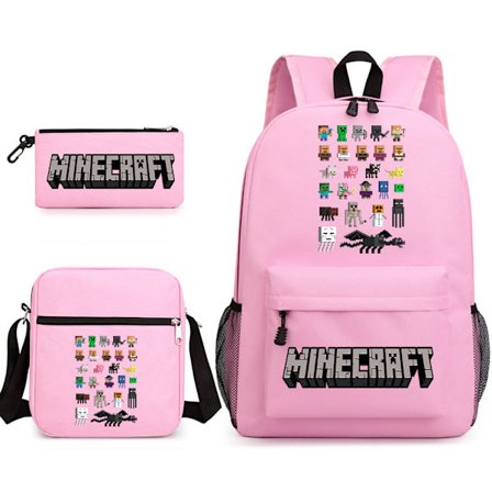 Minecraft skolväska, ryggsäck, pennfodral, axelväska, set med tre delar, ventilerande och slitstark, en bra present till MC-spelare_OF
