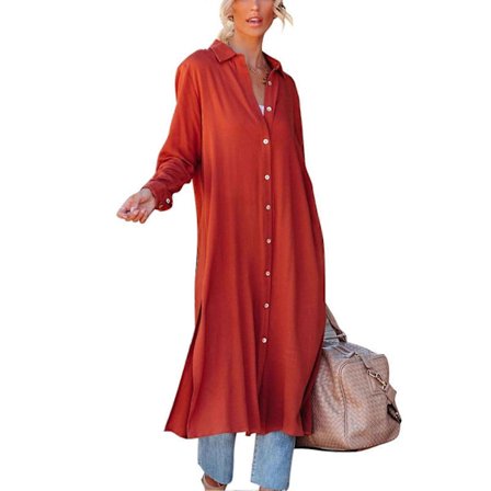 Långa cover-ups för kvinnor, nedvikt krage, elegant, avslappnad, knappstängning fram, långärmade skjortor