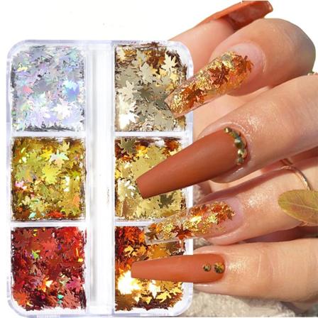 Vaahteranlehti Kynsi Glitter Paljetit 3D 6 Ruudukkoa Syksy Holografinen Glitter Syksyn Lehdet Kynsi Taide Hiutaleet Laser Syksy Lehti Tarrat DIY 