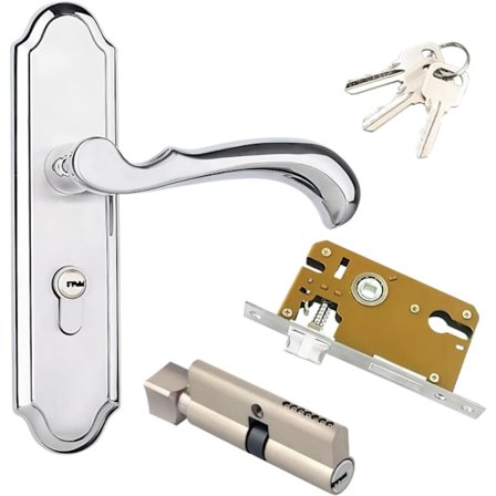 Dørhængselsæt, dørhåndtag i nikkel, grebslås i zinklegering, lydløs låsekasse, dørhåndtag med lås til soveværelse/kontor